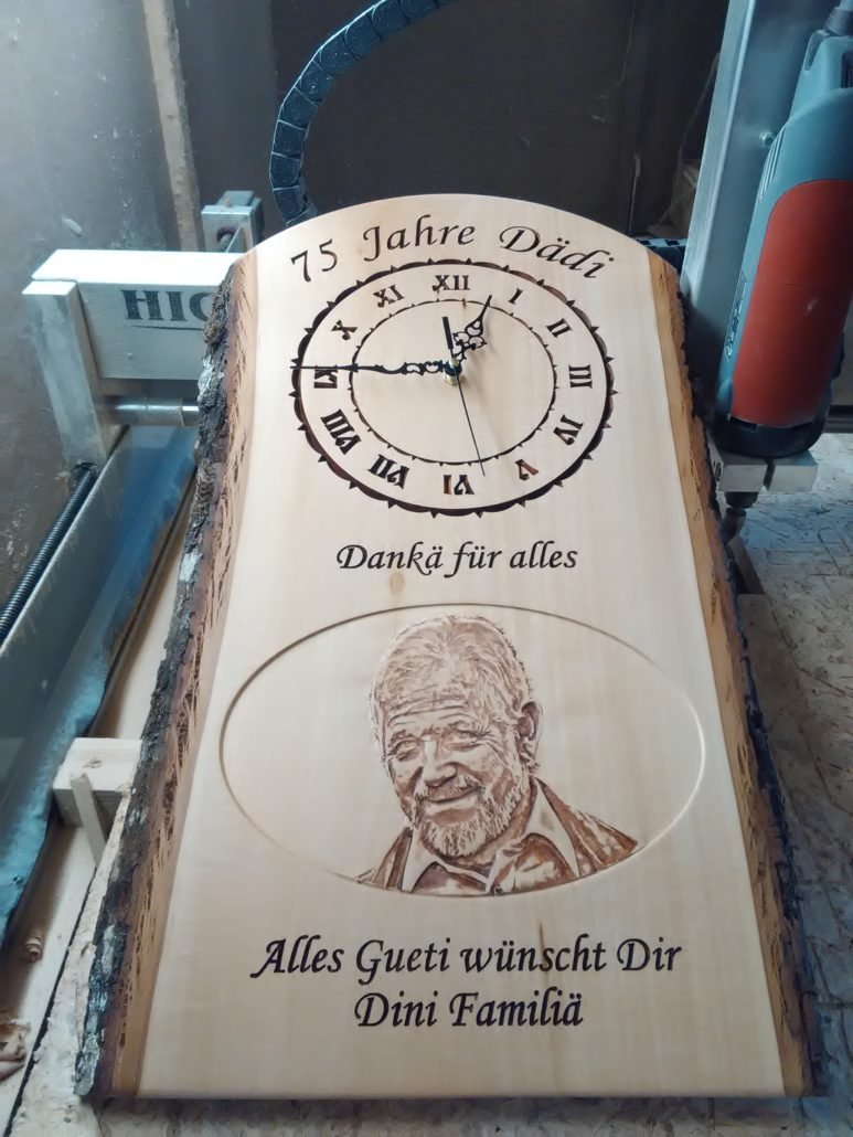 Wooden clock with 3d picture relief