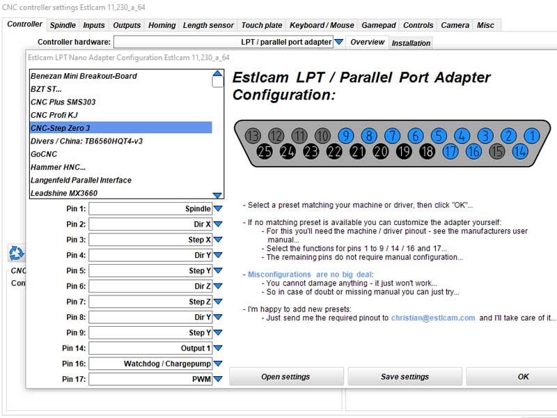 Estlcam control settings