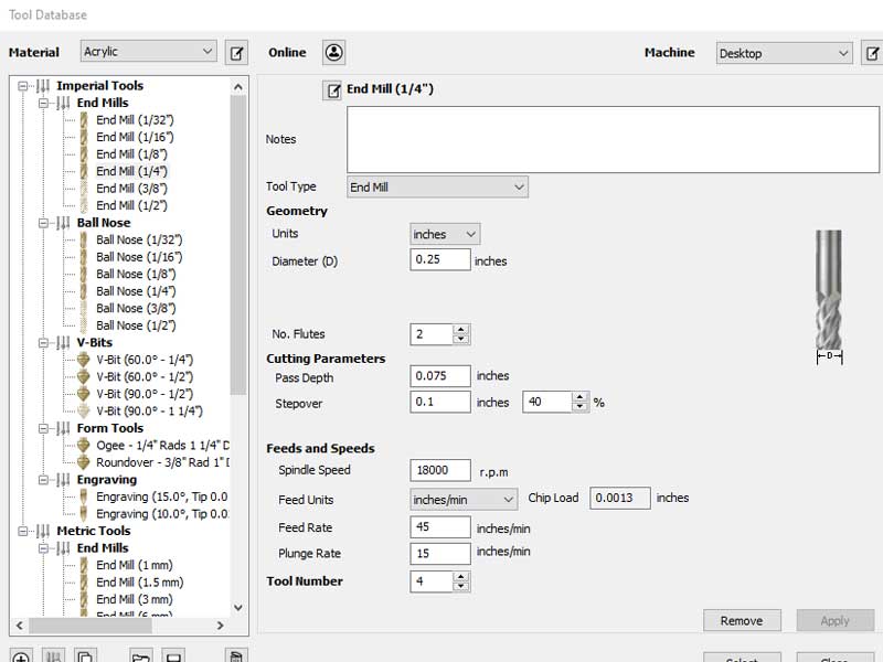 Cut2D Pro Vectric tool database
