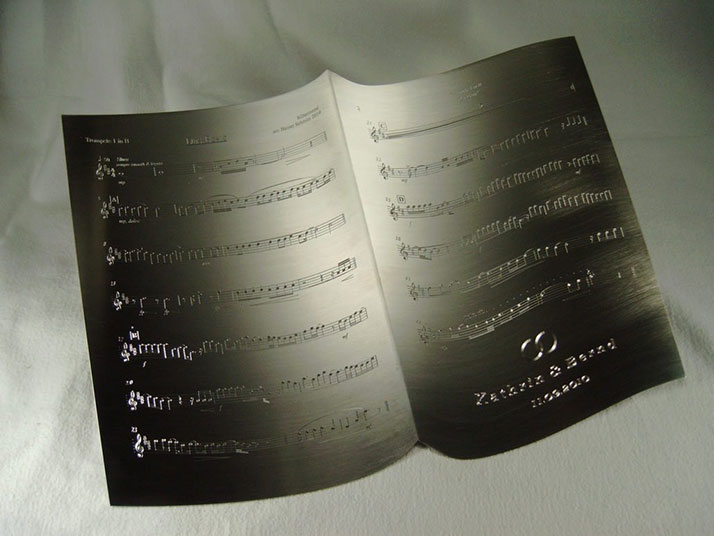 Diamond engraving on stainless steel music sheet